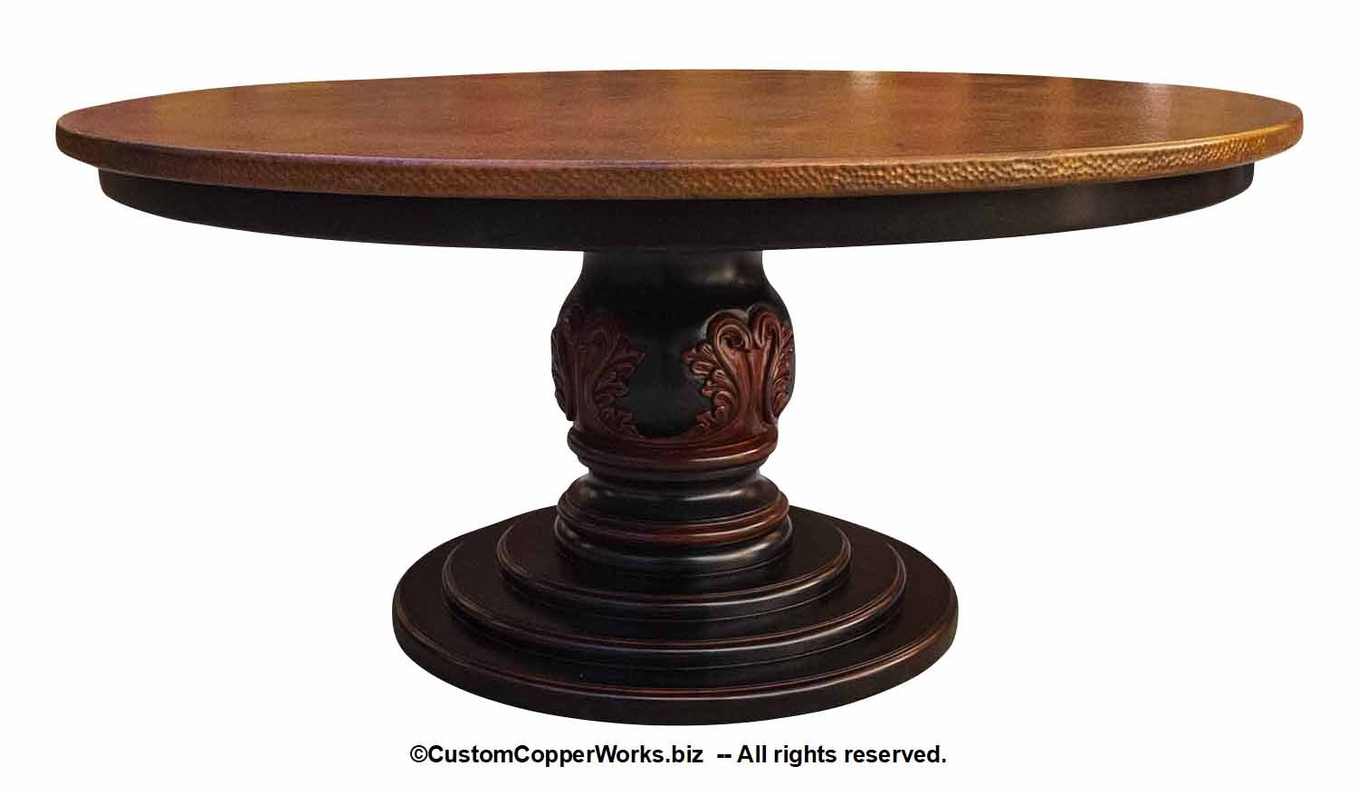 Round copper top on the Christina pedestal with hand-carved apron