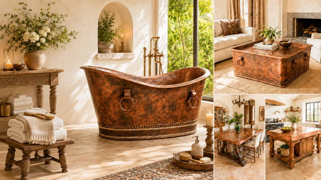Hand-hammered copper soaking tub, coffee table, dining table and kitchen island in warm interiors
