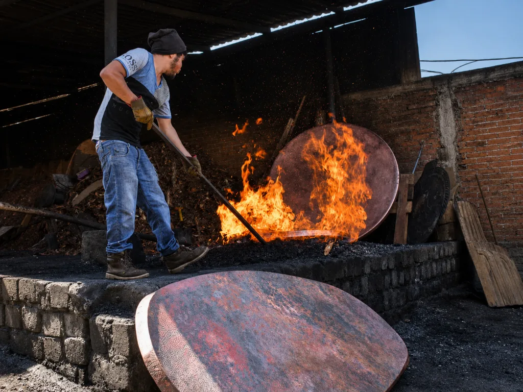 A coppersmith moving a large round copper tabletop through open flame on a charcoal hearth