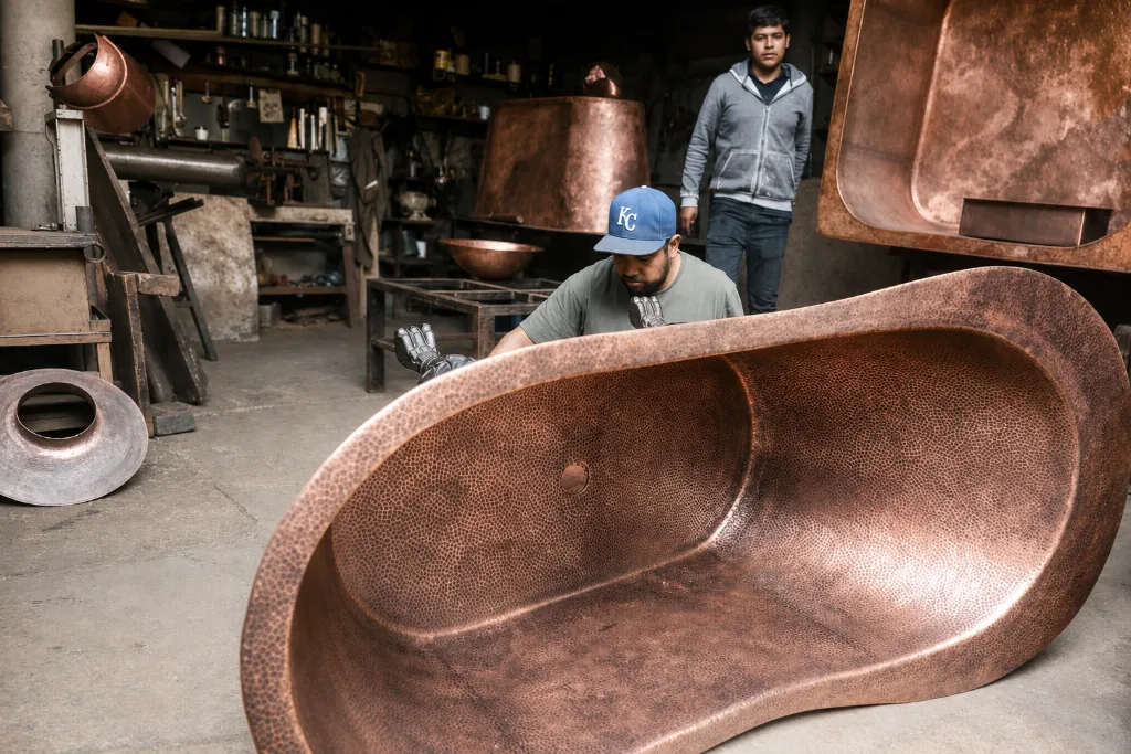 A coppersmith working the rim of a large hand-hammered double-seat copper tub