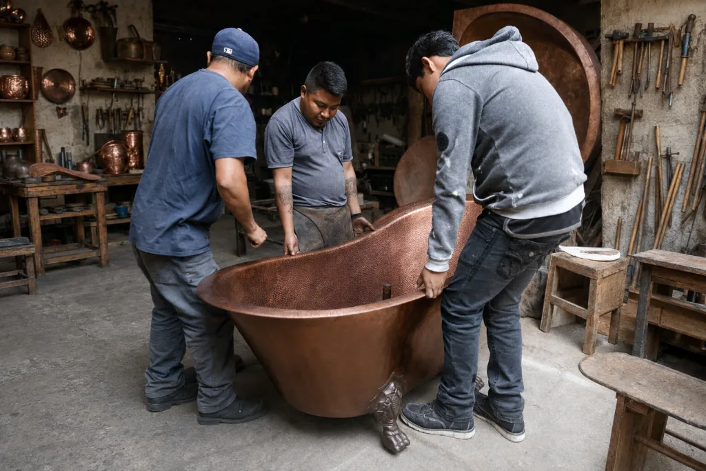 Three coppersmiths lifting a finished claw-foot copper tub together in the workshop