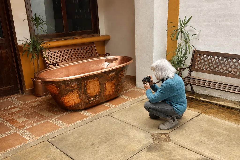 Teresa crouching with a camera to photograph a finished decorated copper tub in a courtyard