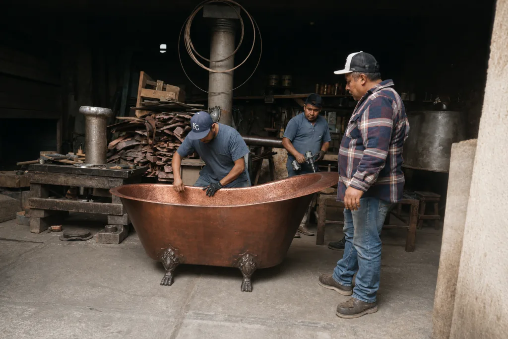 Three coppersmiths finishing a hand-hammered claw-foot copper tub in a Santa Clara del Cobre workshop